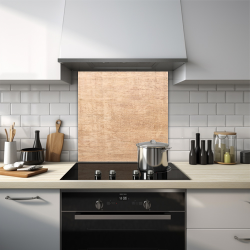Close-up of pickled oak wood texture glass splashback.