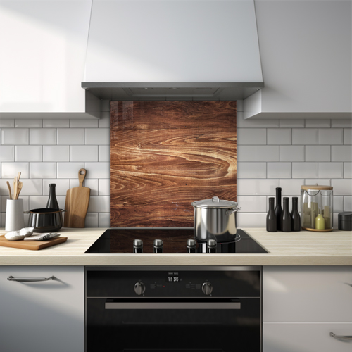 Close-up of red chestnut wood texture glass splashback.