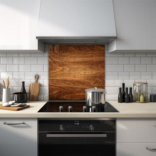 Walnut wood texture glass splashback.
