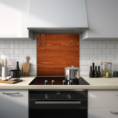 Close-up of a brown wooden table texture glass splashback.