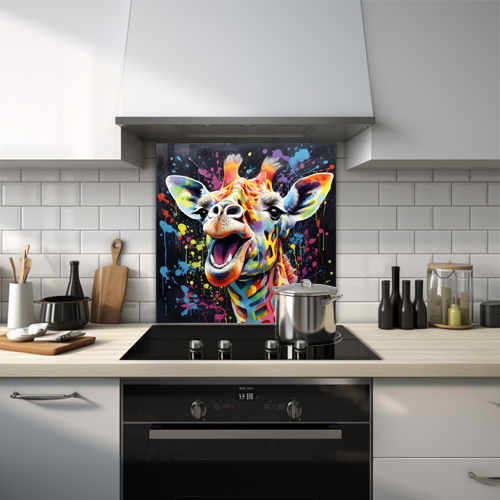 Laughing giraffe on a dark black background with paint splashes on a printed glass kitchen splashback.