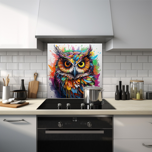 Painted owl with colourful feathers on a white background printed glass kitchen splashback.

