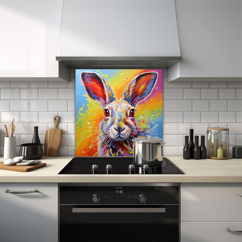 Colourfully painted hare on a multicoloured background printed glass kitchen splashback.