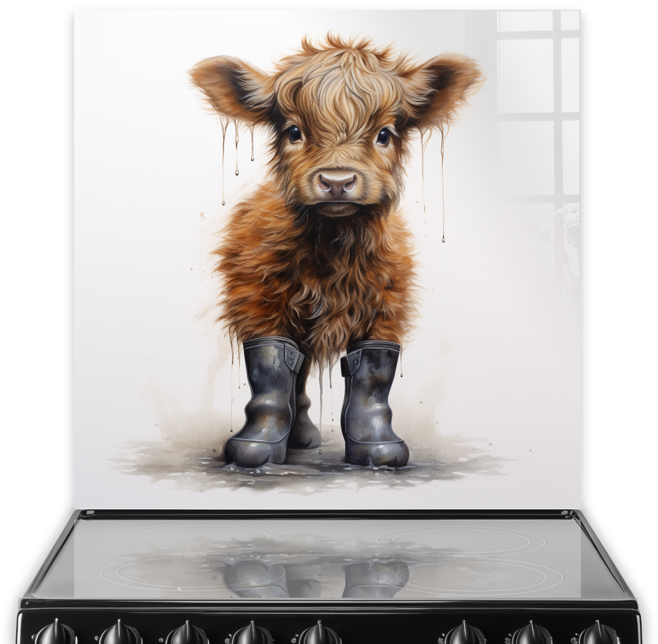 Bonnie The Highland Cow Splashing in Mud Glass Splashback
