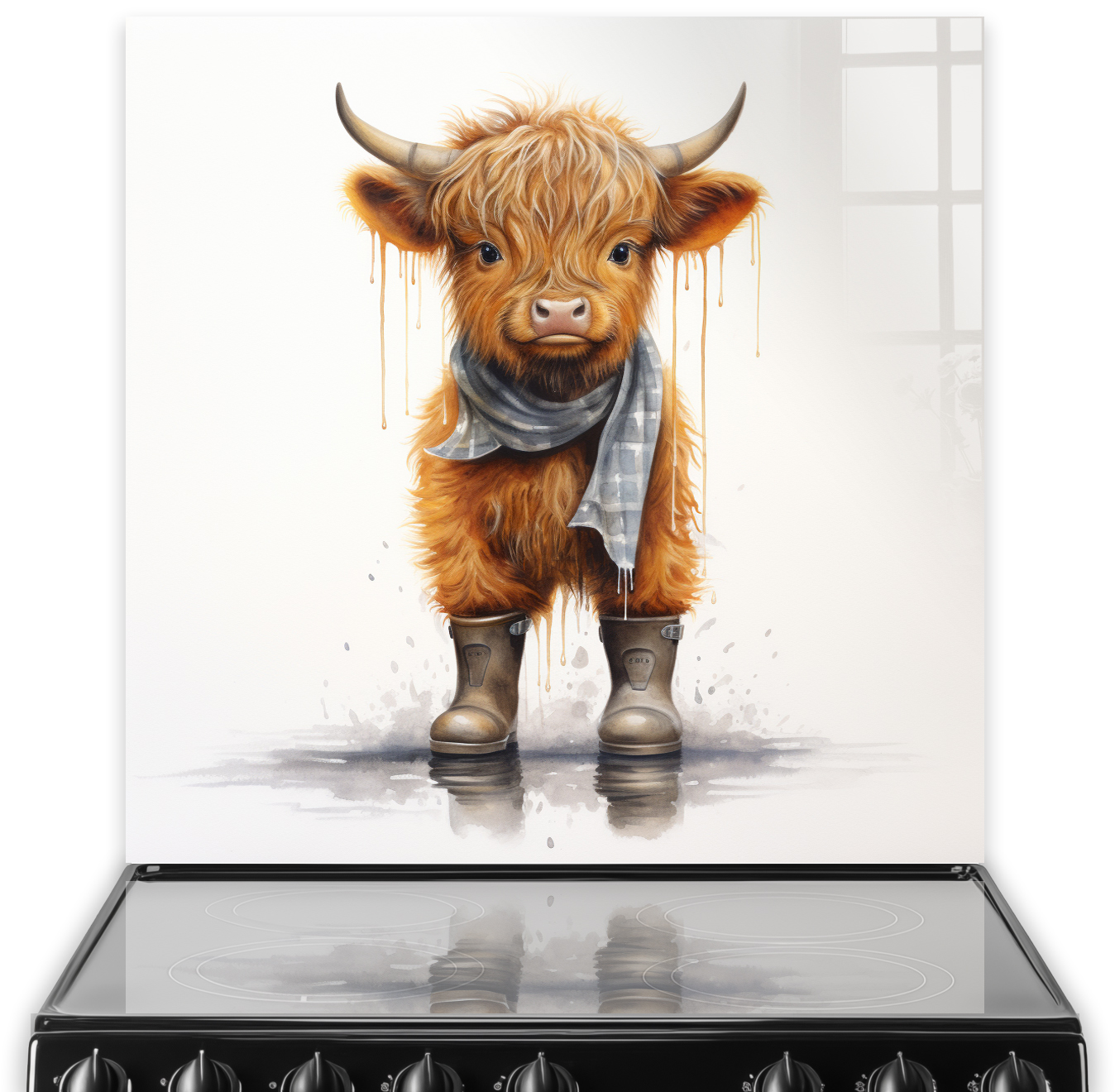 Illustration of Alasdair the Highland Calf on a kitchen splashback, with a russet fur, wearing grey wellies and a light grey scarf, standing against a