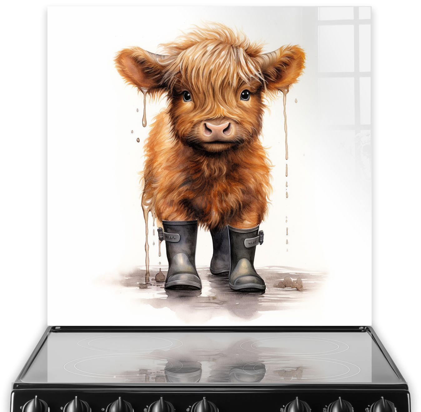 Illustration on a kitchen splashback displaying Douglas the Highland Calf, with a rich caramel coat and dark grey wellies, against a backdrop of white
