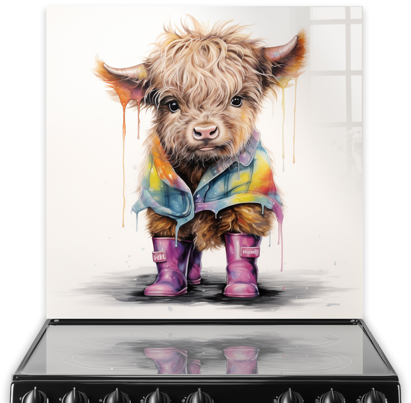 Vibrant kitchen splashback illustration featuring Flip the Highland Calf with a fluffy beige coat, sporting purple wellies and a colorful raincoat, ag