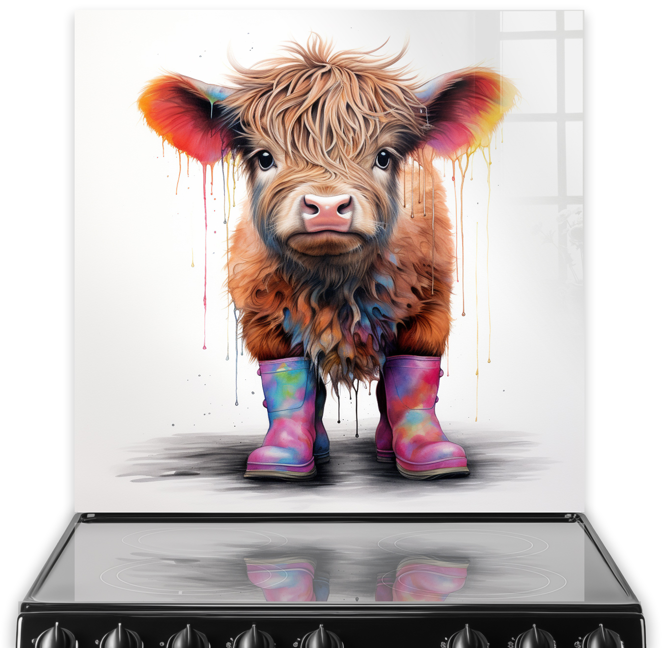 Kitchen splashback featuring Jessie the Highland Calf with a fluffy, colorful coat and tie-dye wellies, against a white background with vibrant paint 