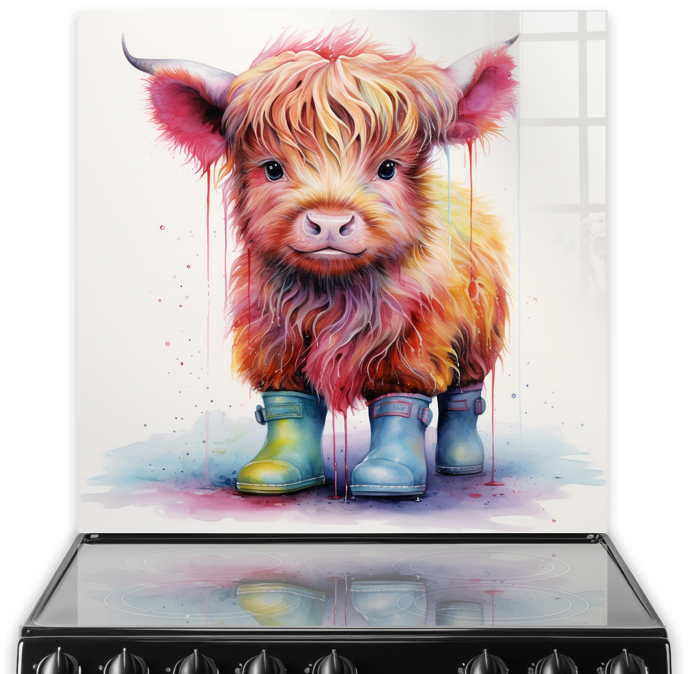 Artistic kitchen splashback showing Sadie the Rainbow Highland Calf with a gradient of sunset hues in her fur, wearing yellow and blue wellies, set ag