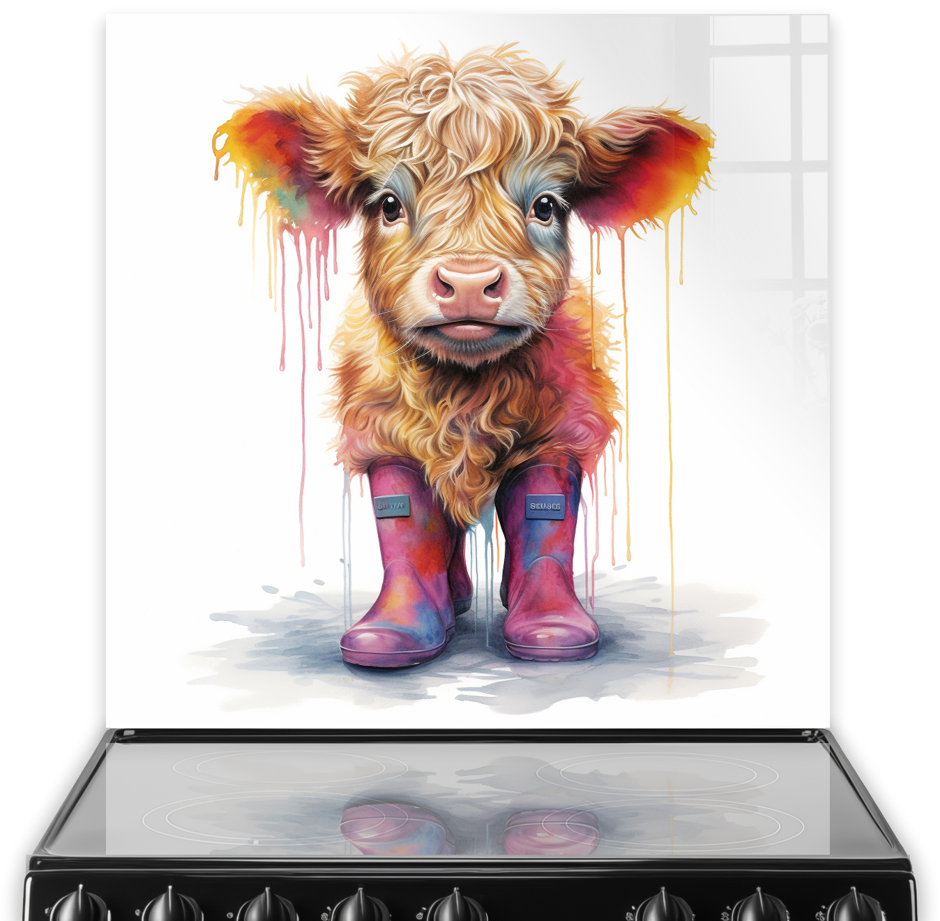 Illustration of Mattie the Highland Calf on a kitchen splashback, featuring a warm fur palette and standing in vibrant pink wellies, against a white b