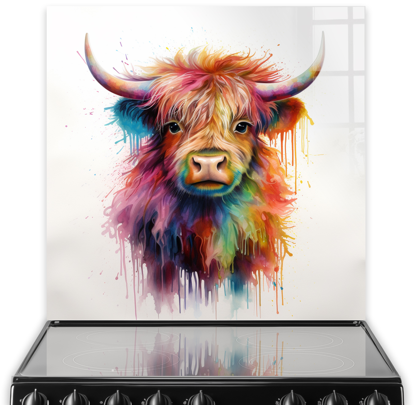Colorful kitchen splashback illustration displaying Evie the Highland Bull with a vibrant, multicolored fur coat, set against a white background with 