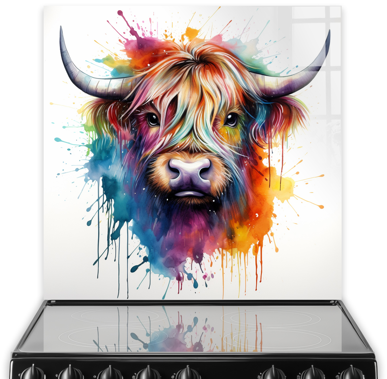 Dynamic kitchen splashback art of Sapphire the Highland Cow, featuring a vivid explosion of colors across his face and horns, set against a stark whit