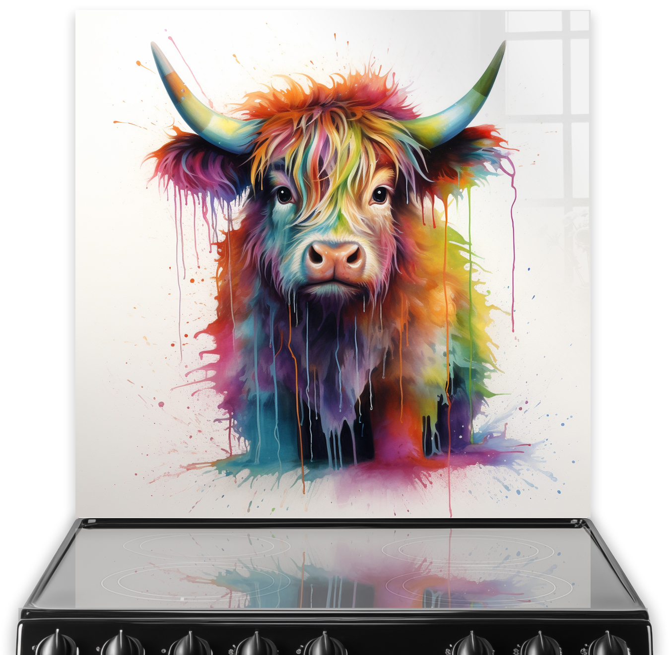 Buster the Highland Bull splashback art, featuring a captivating face with a mane of rainbow hues and horns tinged with pastel colors, against a white