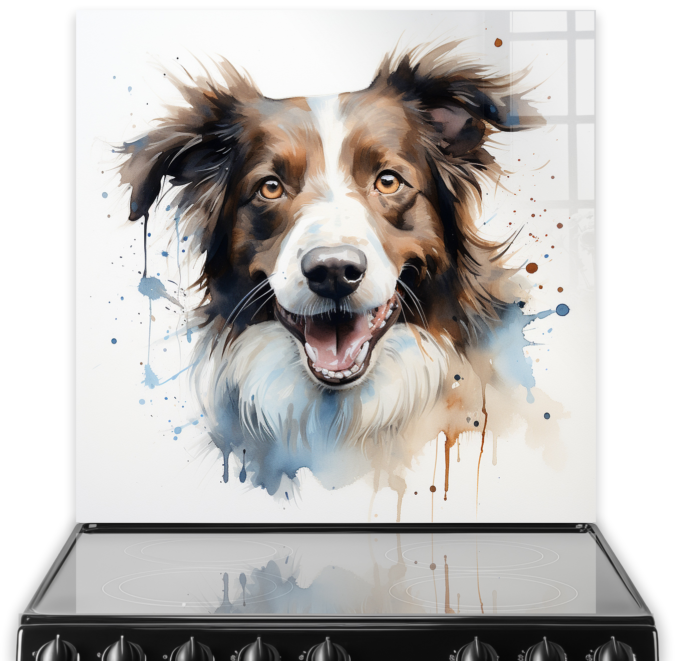Colourful Border Collie painted splashback in a kitchen setting with blue and brown accents