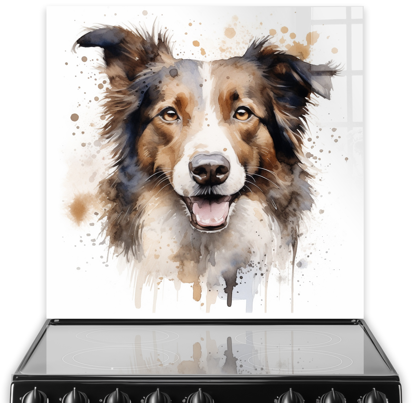 Printed Border Collie kitchen splashback with watercolour design in brown and taupe shades