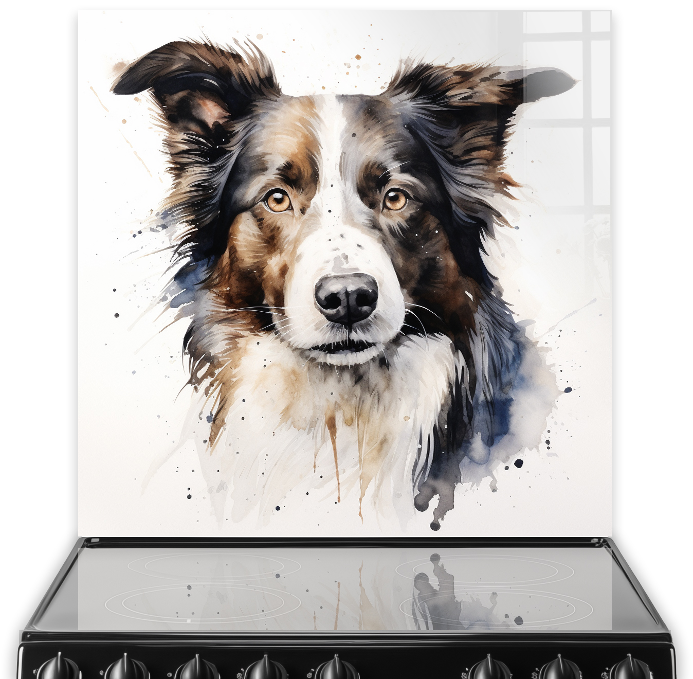 Printed Border Collie Splashback with Artistic Splatter Design