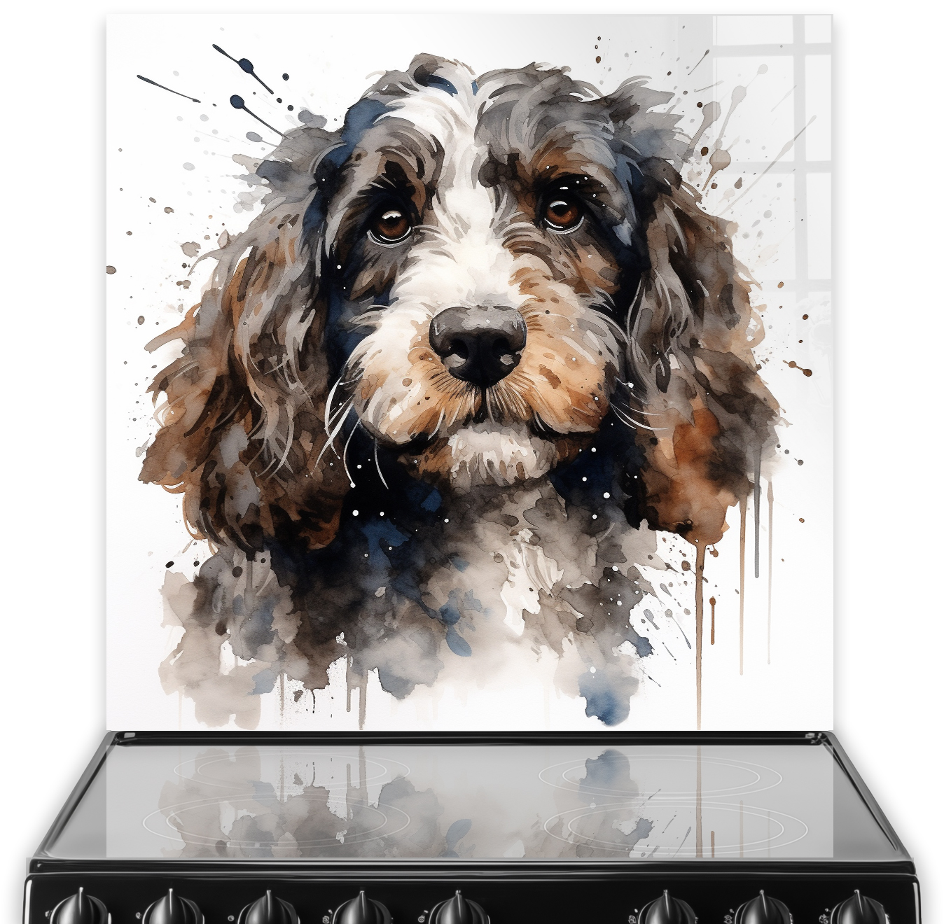 Watercolour-style printed splashback featuring a charming spaniel dog with a mix of browns, greys, and soft blues