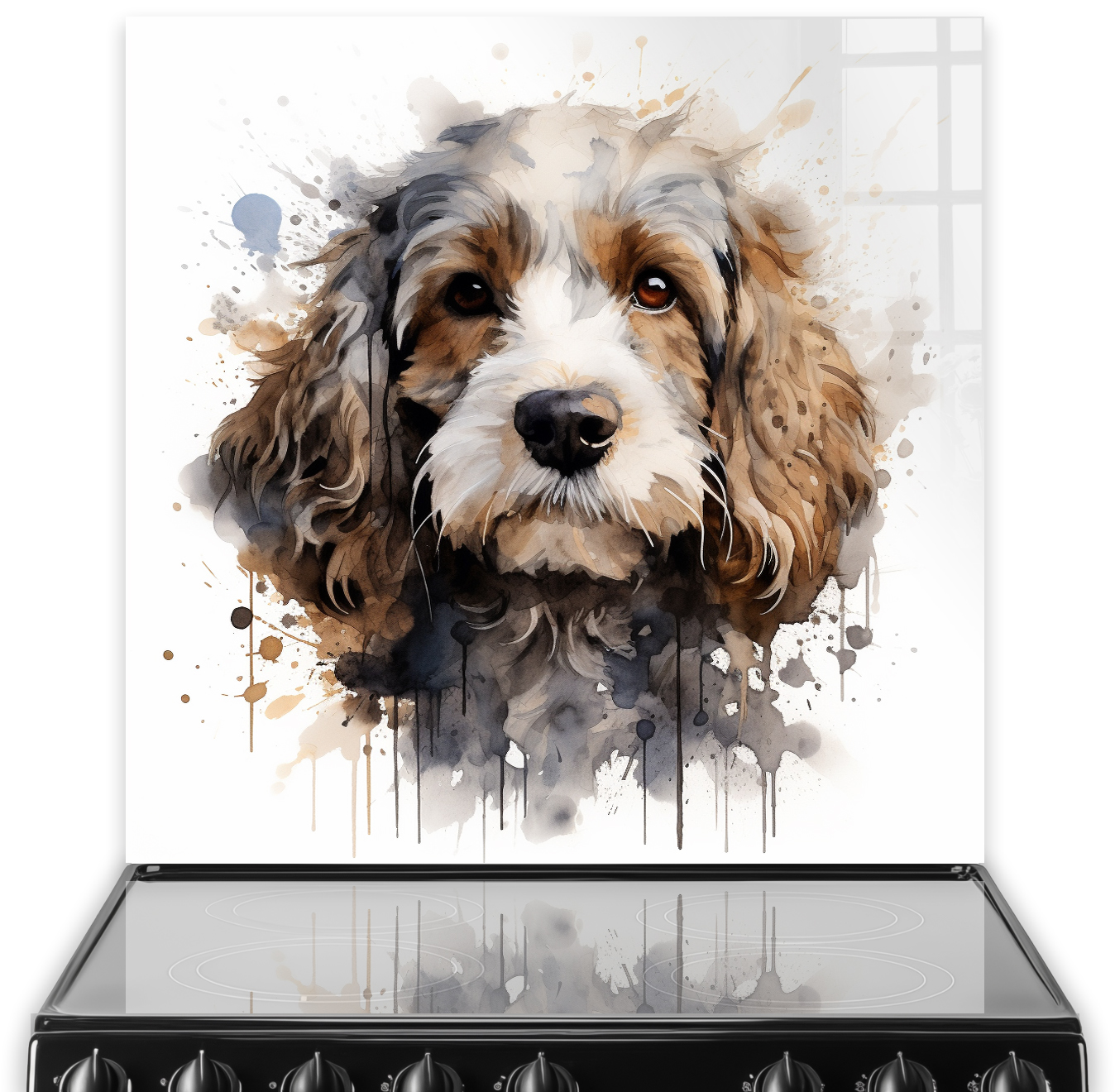 Printed Cocker Spaniel kitchen splashback art in watercolour style with beige, brown, and white tones