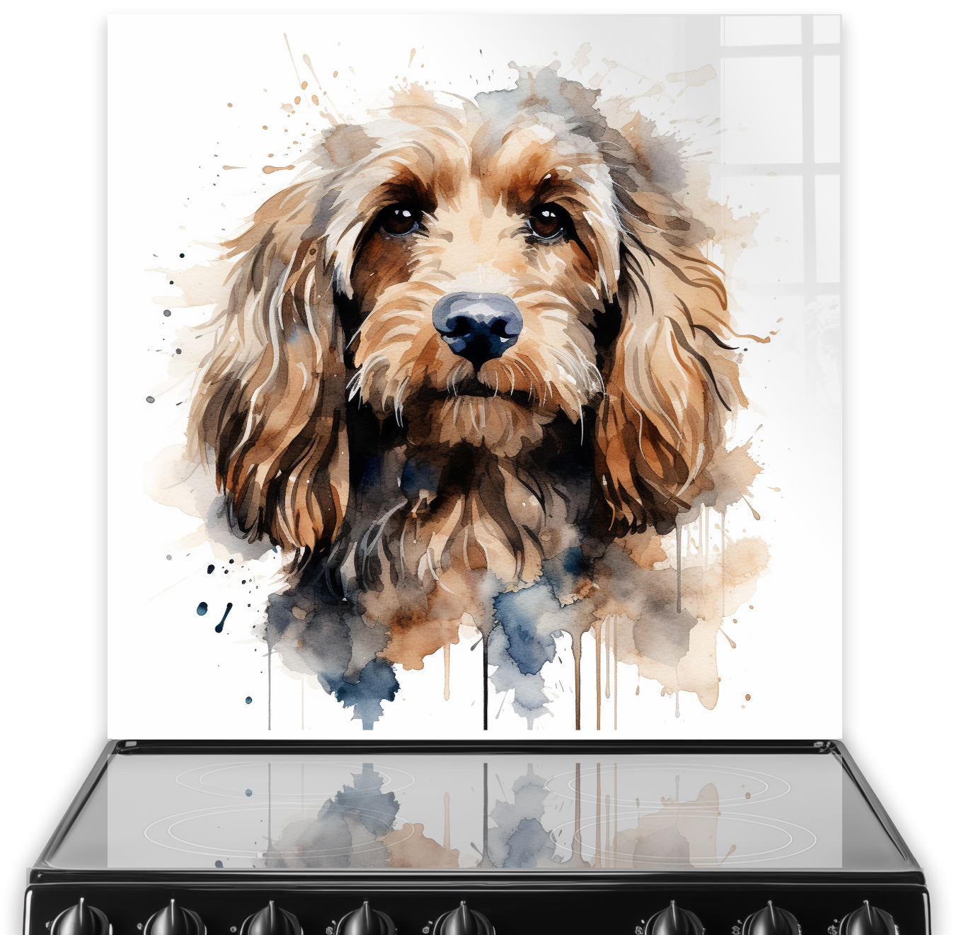 Cocker Spaniel printed kitchen splashback in watercolour style with brown and blue hues