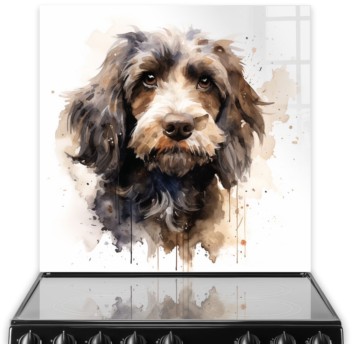 Artistic printed Cockapoo dog kitchen splashback in earthy watercolour tones