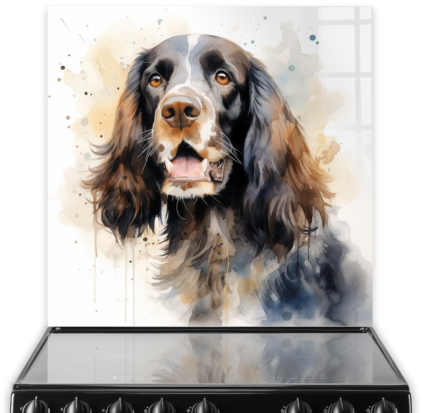 Watercolour illustration of a Cocker Spaniel on a kitchen splashback with warm and cool tone splashes
