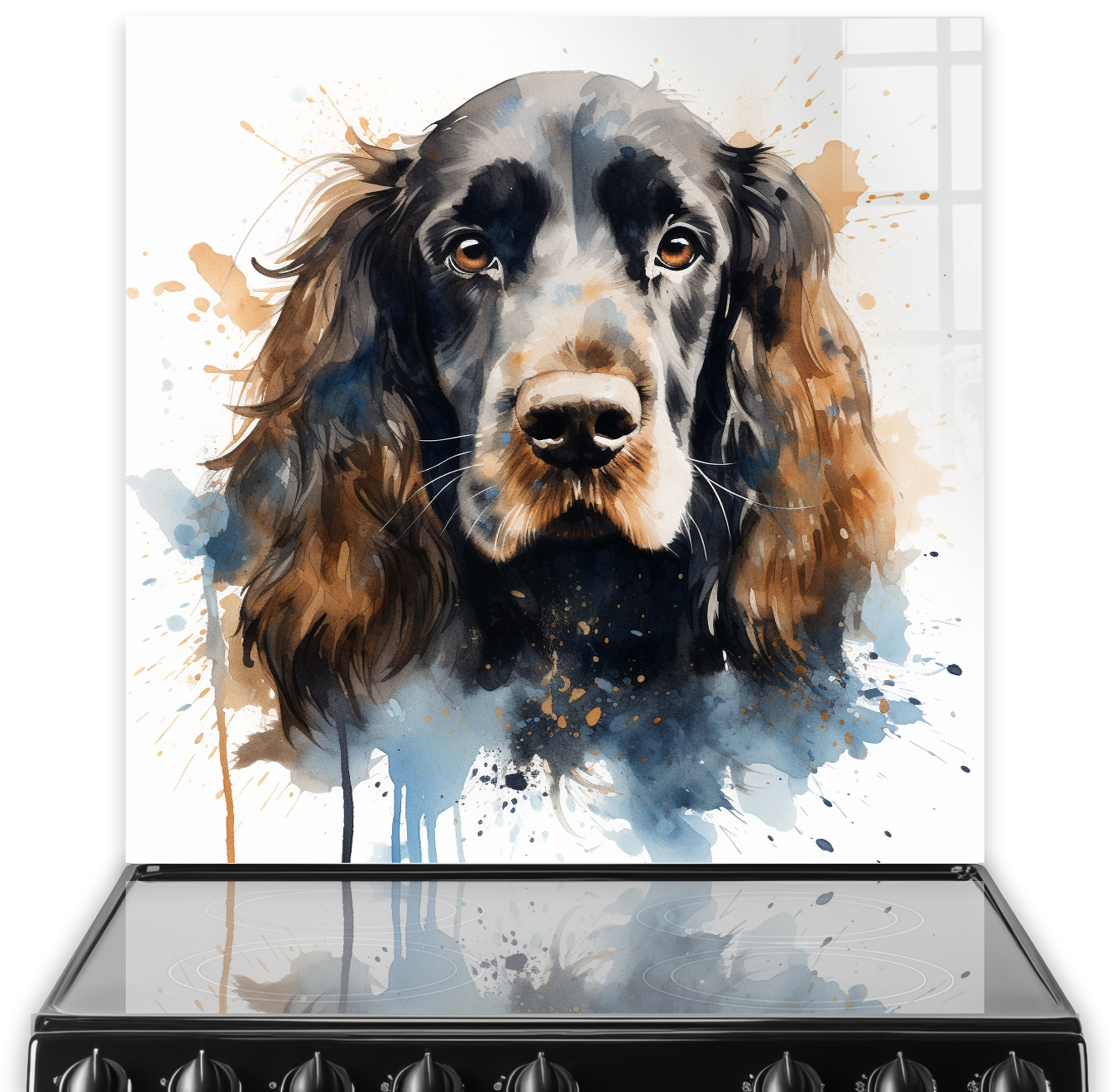 Artistic printed Cocker Spaniel splashback with watercolour design in shades of brown, cream, blue, and black