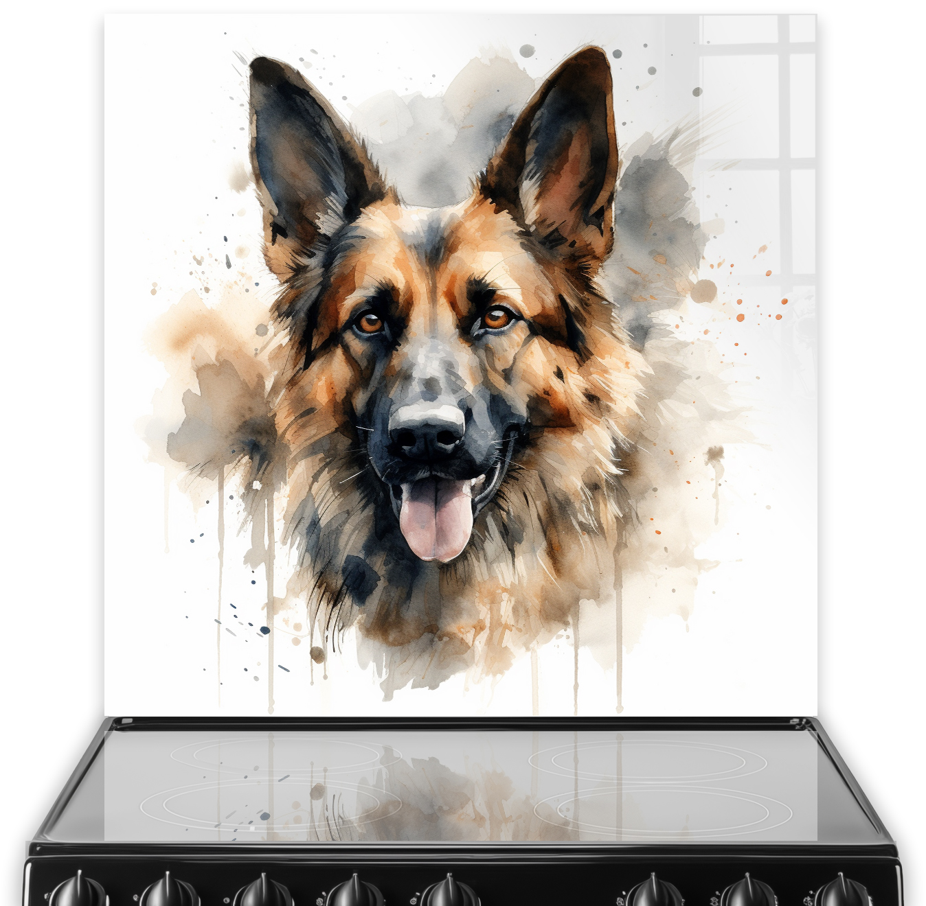 Artistic German Shepherd kitchen splashback in warm browns and greys