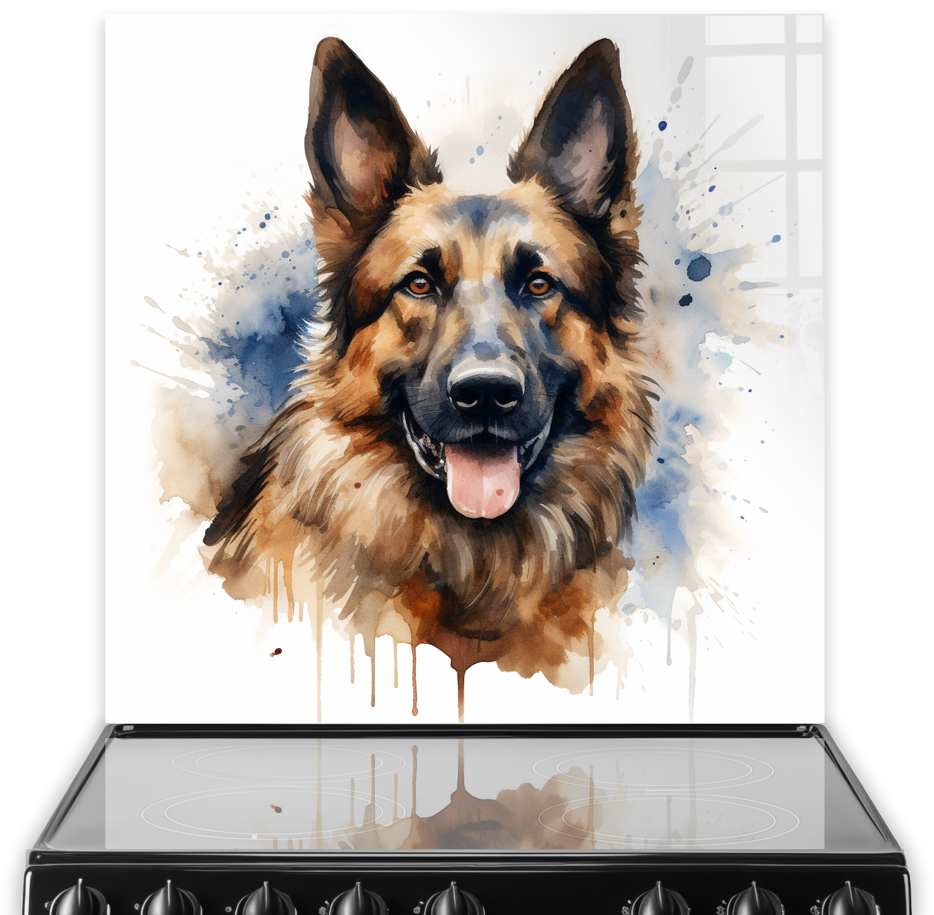 Watercolour German Shepherd printed kitchen splashback with vibrant colours and artistic drips