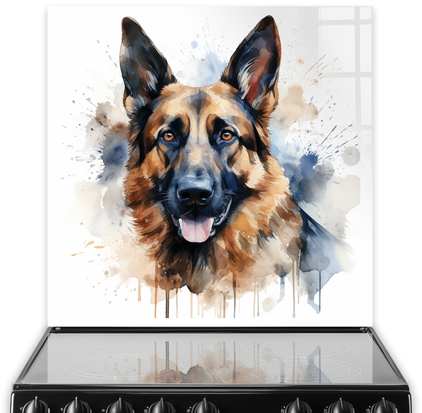 Artistic printed German Shepherd kitchen splashback featuring watercolour effects
