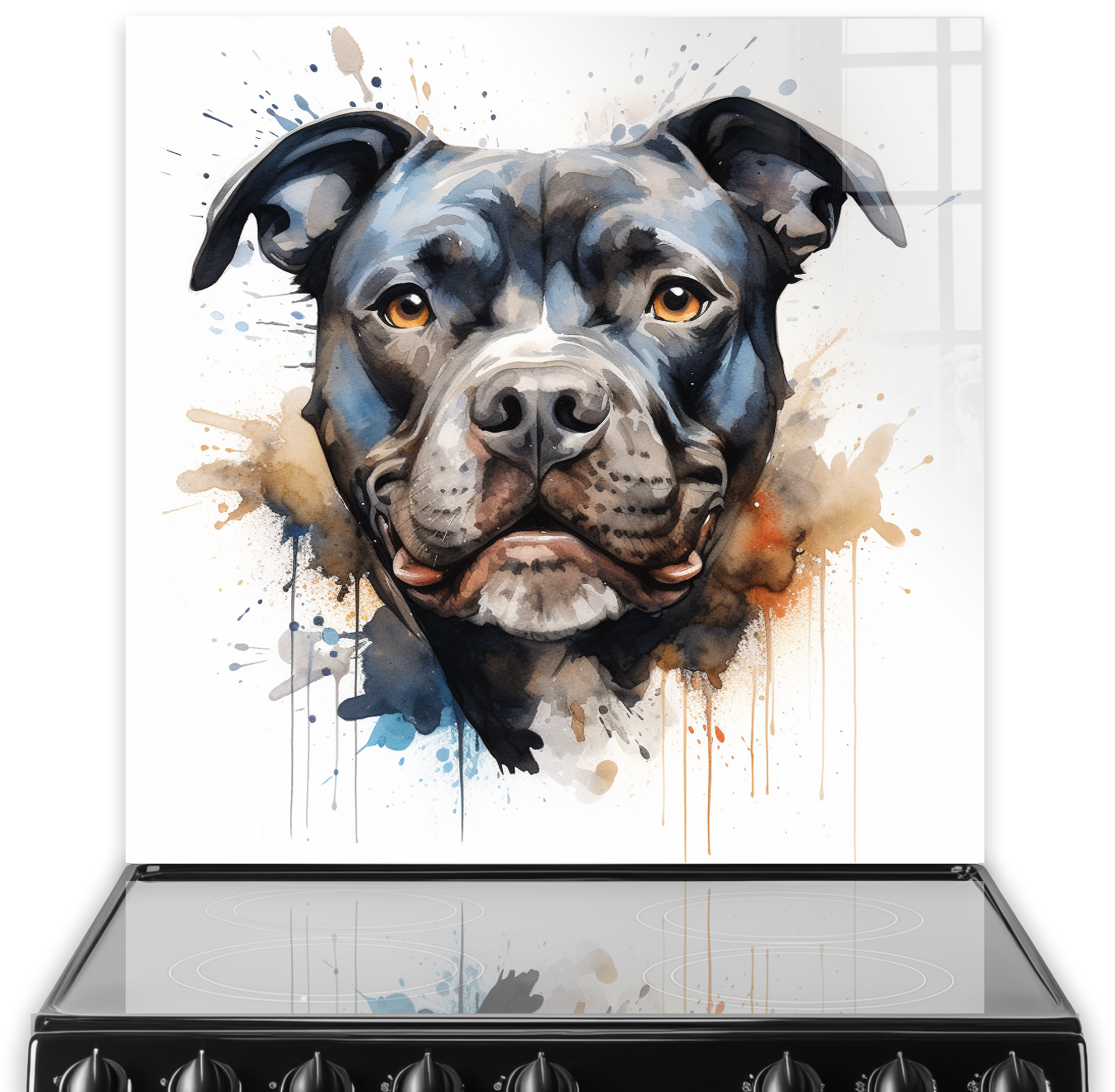 Printed Staffordshire Bull Terrier kitchen splashback with colourful watercolour splashes