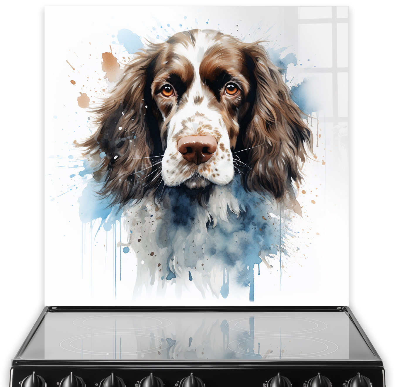 Artistic printed Spaniel dog splashback art in watercolour style with blue and beige tones