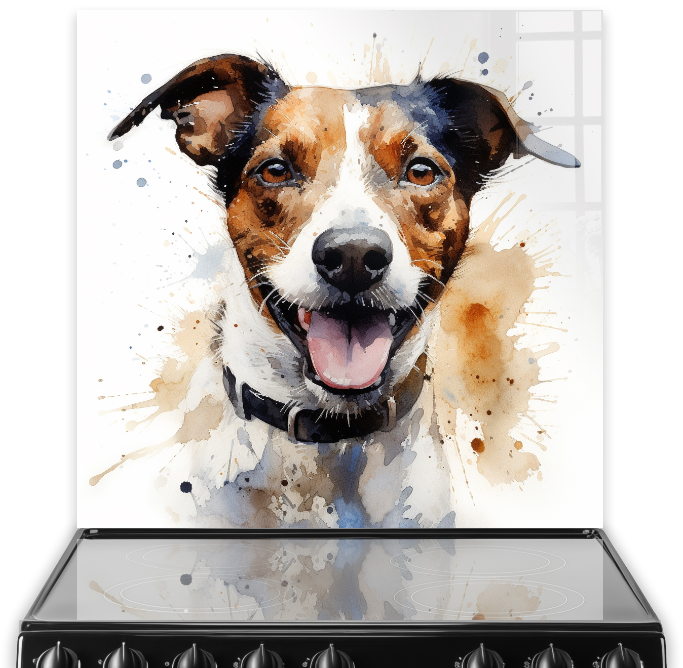 Joyful Jack Russell printed splashback art in a kitchen setting with playful watercolour splatters in brown, black, and beige.