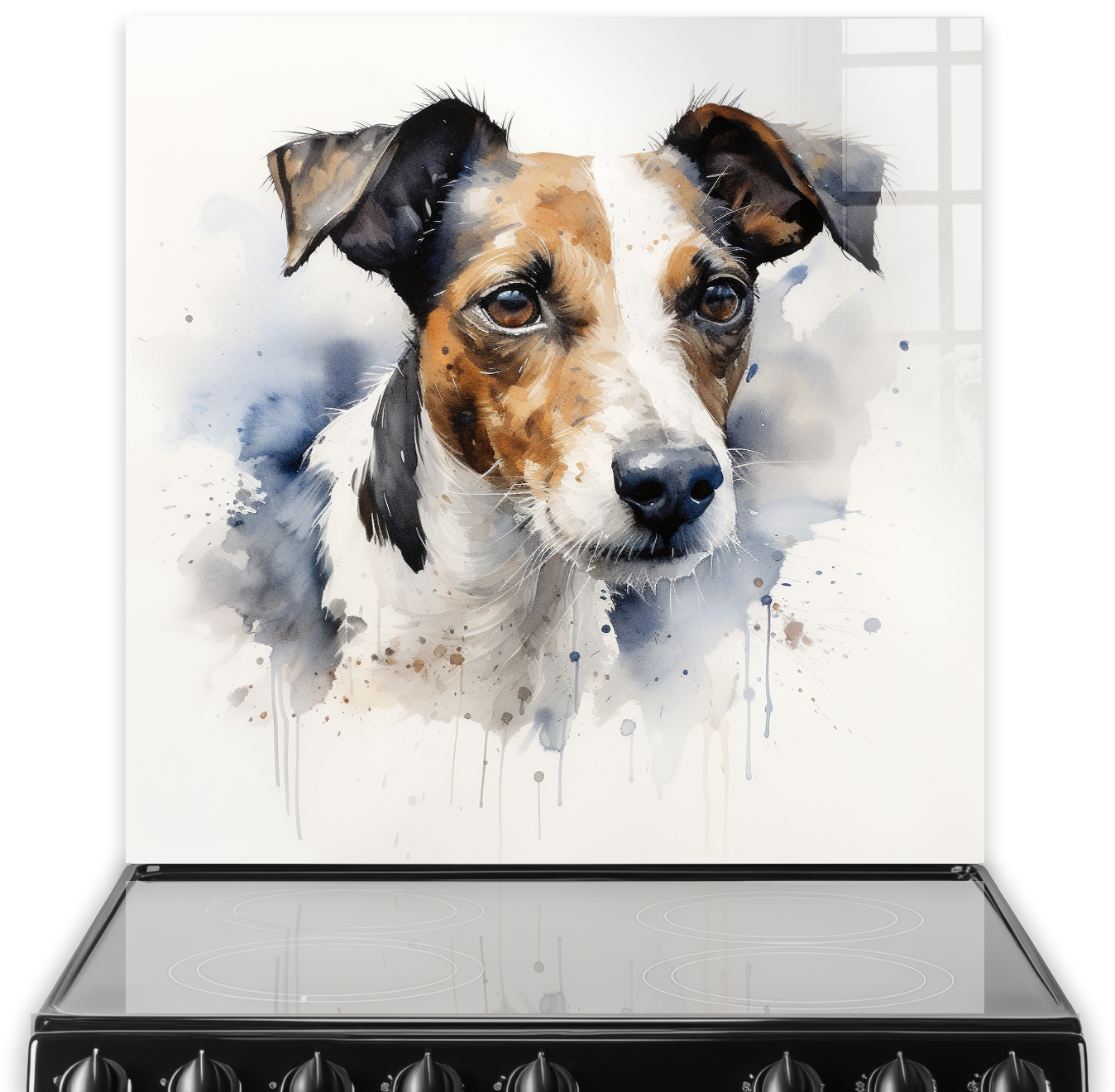 Printed Jack Russell Terrier splashback art in watercolour style, with blues, greys, and tans on a white background