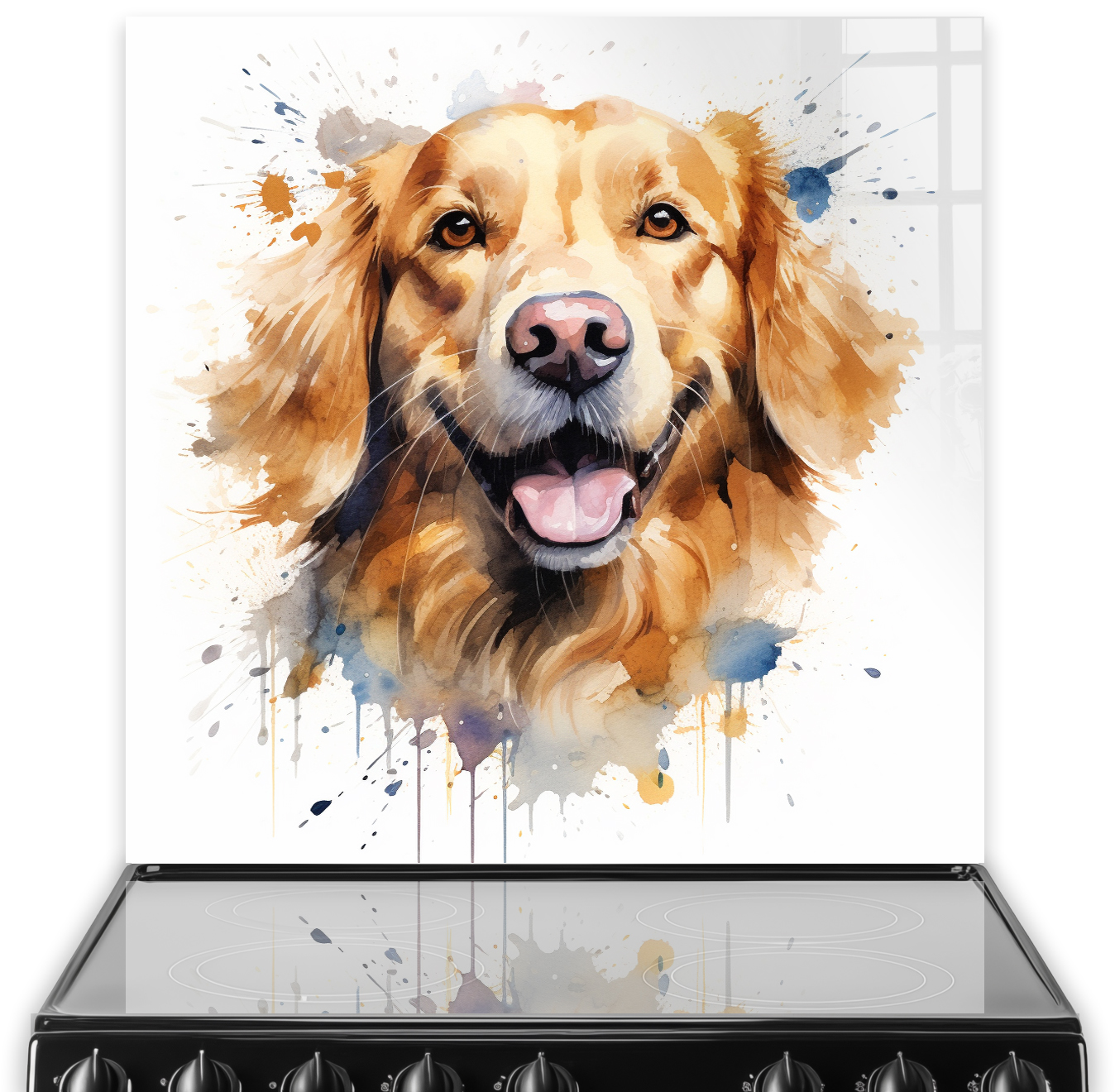 Vibrant Golden Retriever printed kitchen splashback art with colourful watercolour accents