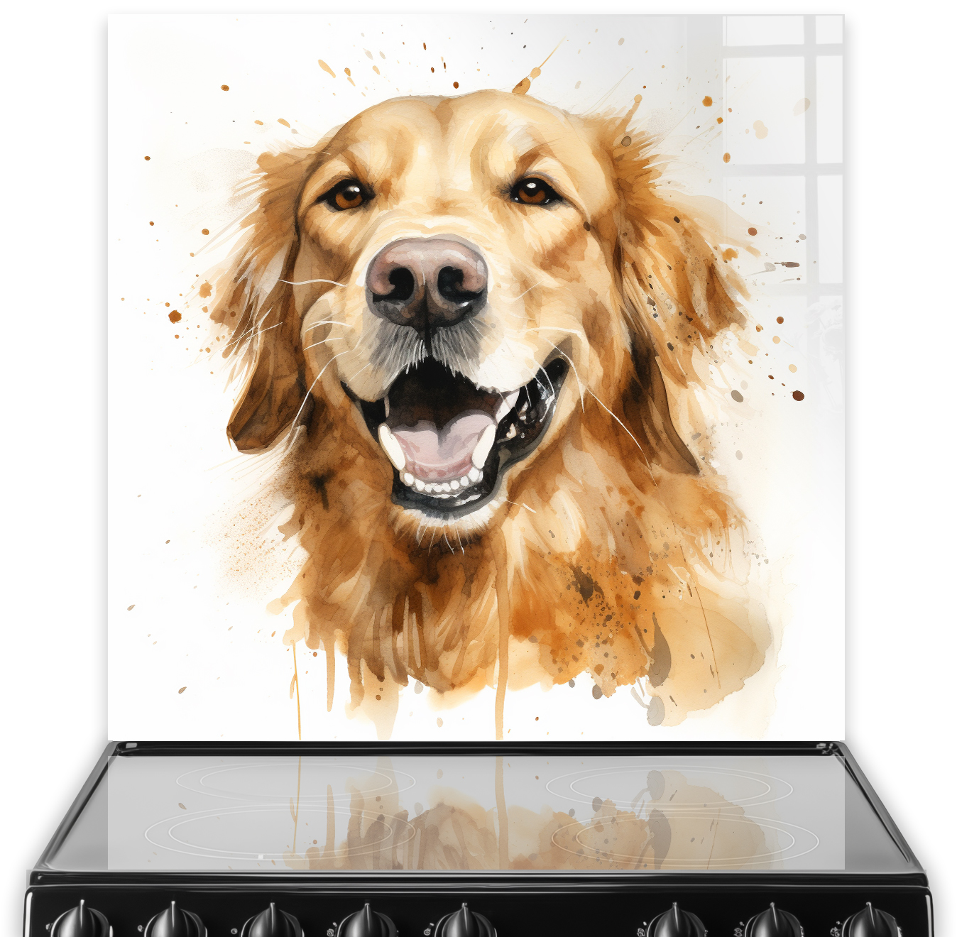 Joyful Golden Retriever printed on a kitchen splashback with white background and golden paint splashes