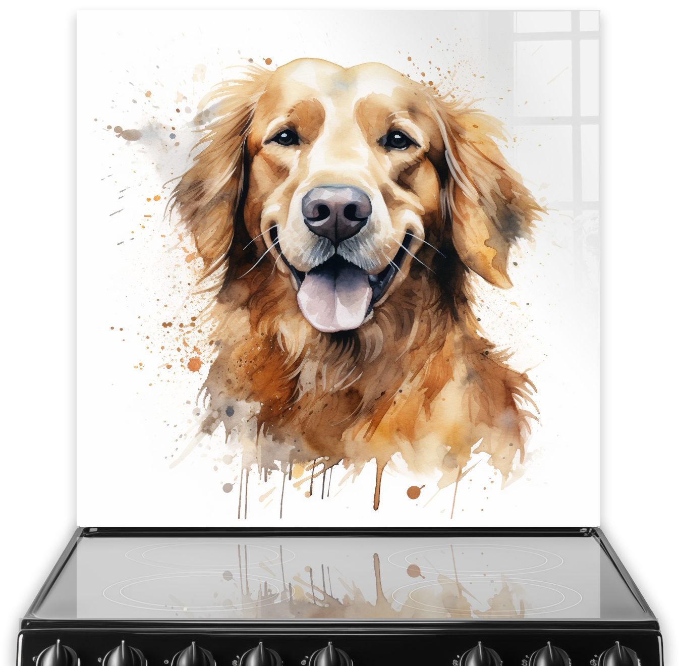 Artistic printed Golden Retriever kitchen splashback with watercolour effects in golden brown and cream