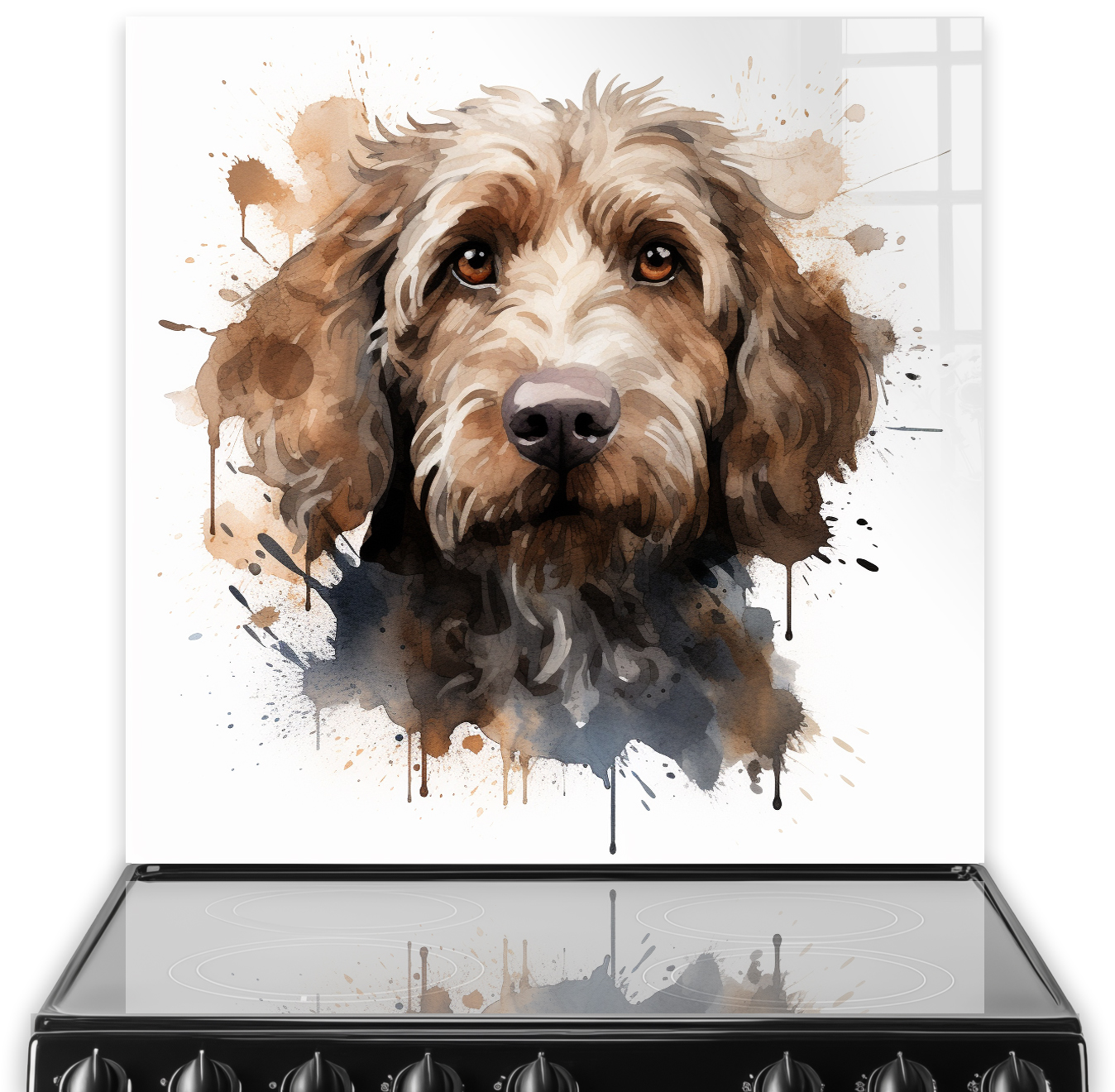 Artistic watercolour illustration of a Cocker Spaniel on a kitchen splashback