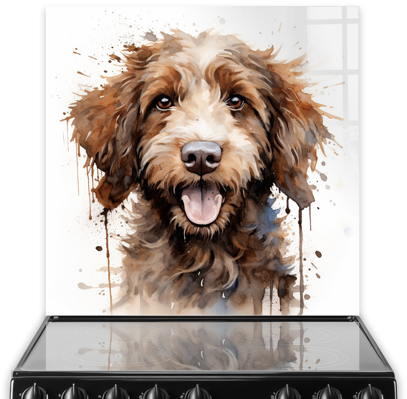 Jack, the cheerful Labradoodle, as the focus of a printed kitchen splashback with a blend of brown and beige splatters.