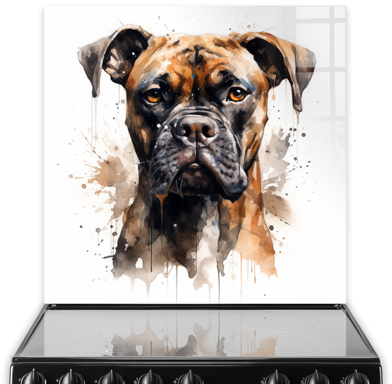 Artistic watercolour boxer dog printed splashback in a modern kitchen