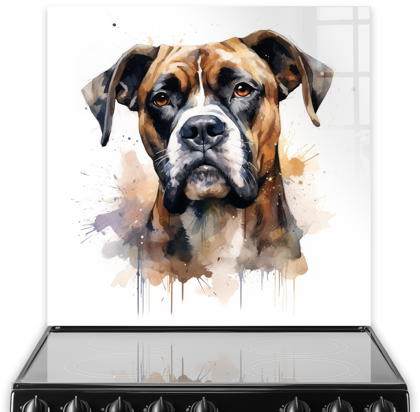 Artistic watercolour Boxer printed kitchen splashback in browns and ambers