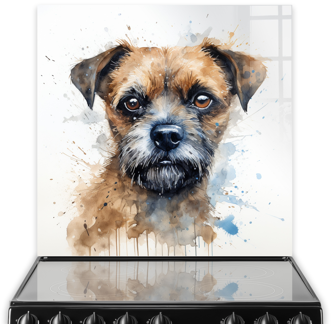 Printed Border Terrier dog kitchen splashback featuring watercolour art in browns and blues
