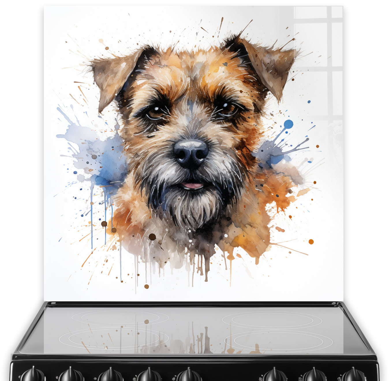 Watercolour painted Terrier on a kitchen splashback with blue and orange accents