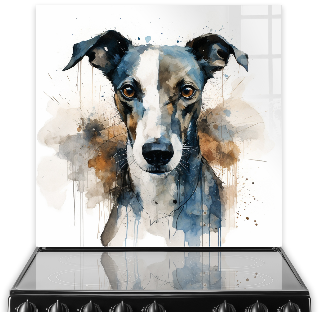 Artistic printed Whippet dog splashback in a kitchen with abstract watercolour design in brown and blue shades