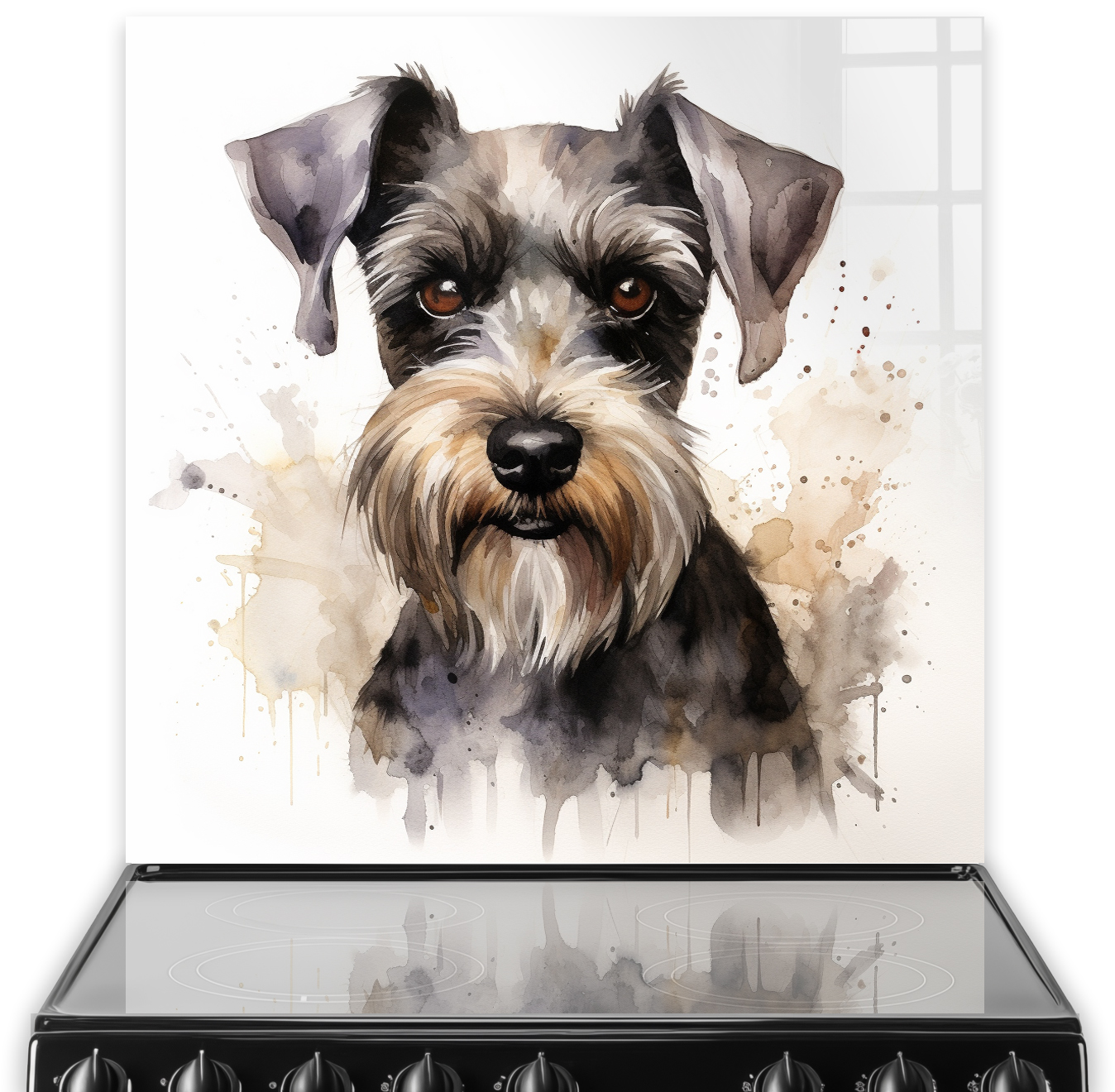 A printed Schnauzer dog kitchen splashback in earthy watercolour tones
