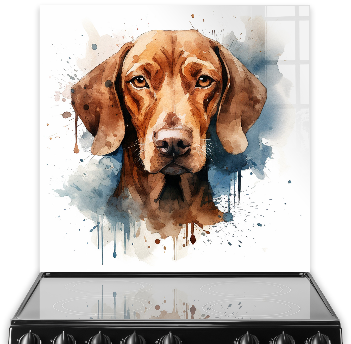 Vizsla dog watercolour art kitchen splashback with blue and amber hues