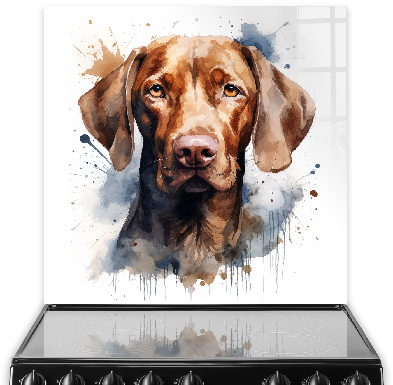 Printed dog kitchen splashback art featuring a brown dog with watercolour splatter effect in earth tones