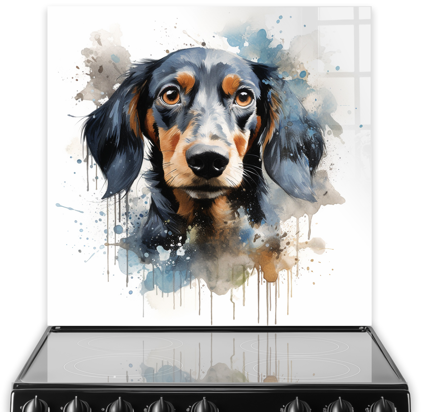 Watercolour style printed Dachshund splashback with paint splatters in kitchen setting
