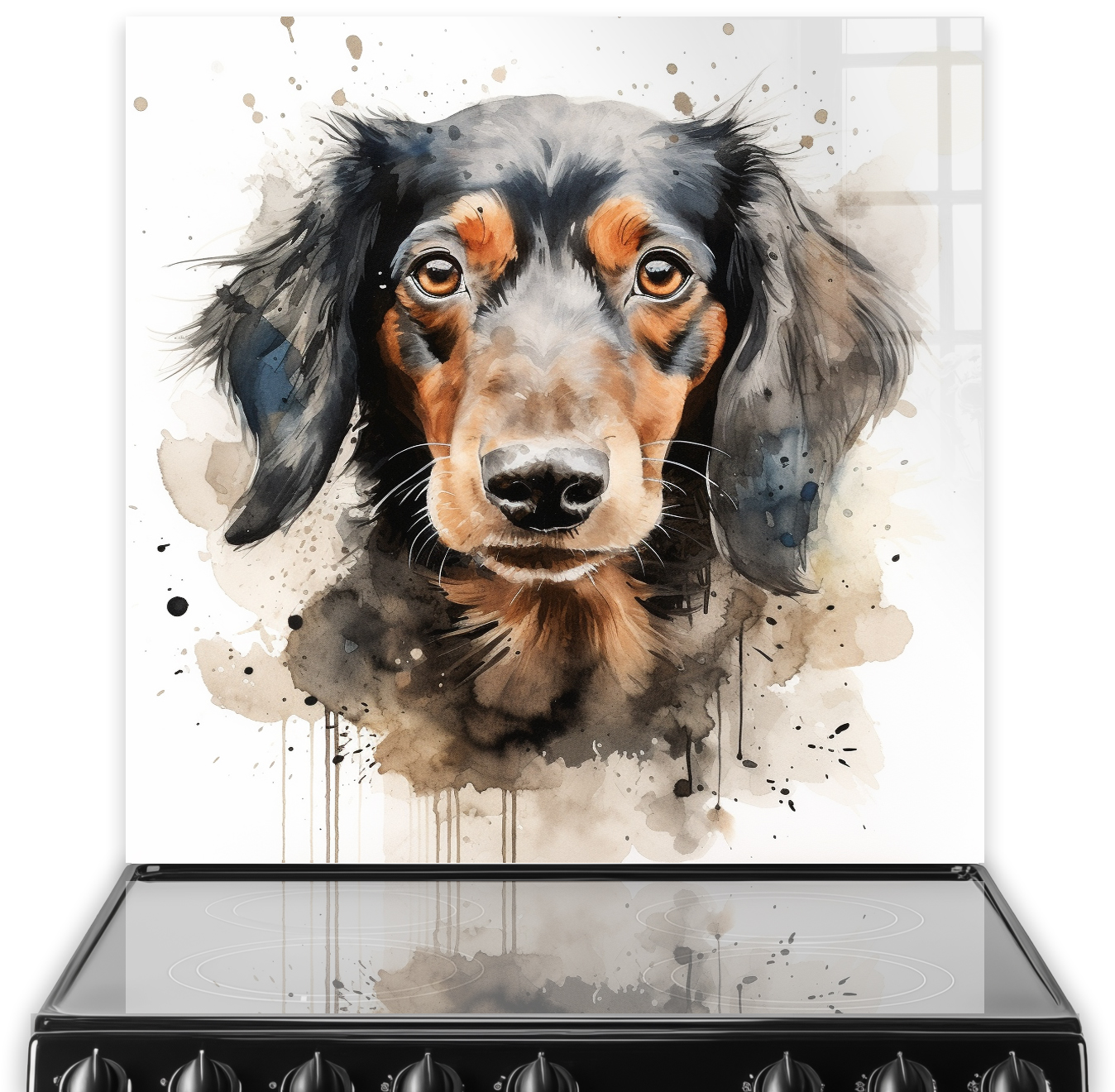Artistic Dachshund dog printed kitchen splashback with abstract watercolor backdrop in sepia and grey tones