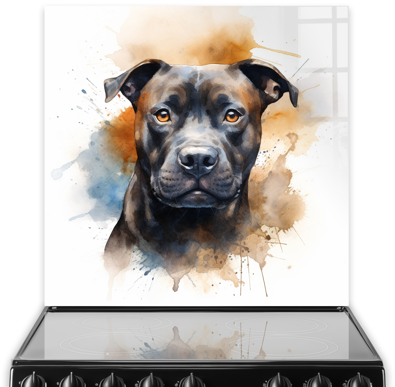Staffordshire Bull Terrier illustrated on a kitchen splashback with watercolour splashes