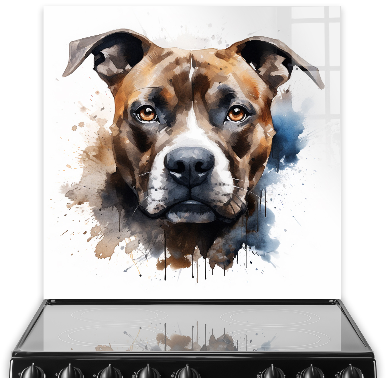 Printed Staffordshire Bull Terrier splashback with artistic watercolour design